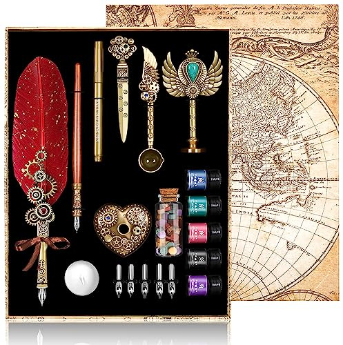 Quill penna och bläck set, fjäderpenna bläckset innehåller Quill penna, träpenna, 5 utbytbara spetsar, 5 bläck, tätning, vaxpärlor, kuvert och brevpapper etc - röd