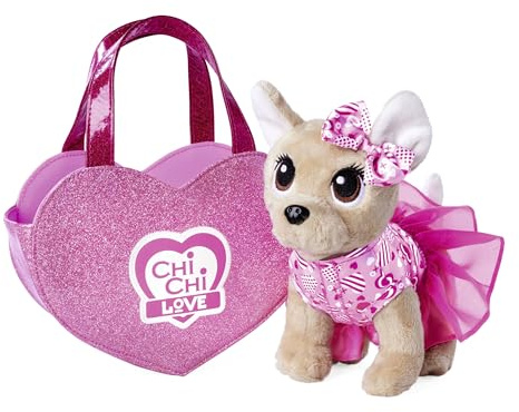 Simba Chihuahua 105890055 Chihuahua en Peluche avec Jolie Robe et nœud dans Un Sac en Forme de cœur pailleté, 20 cm, à partir de 3 Ans