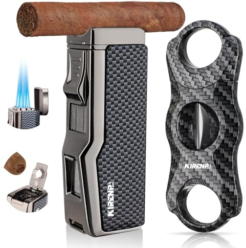 All-in-one Quad Windproof Jet Flame Lighter with Cigar Cutter, Punch, Holder, Refillable Torch Set, Cool Lighters for Smoking, Birthday Gift