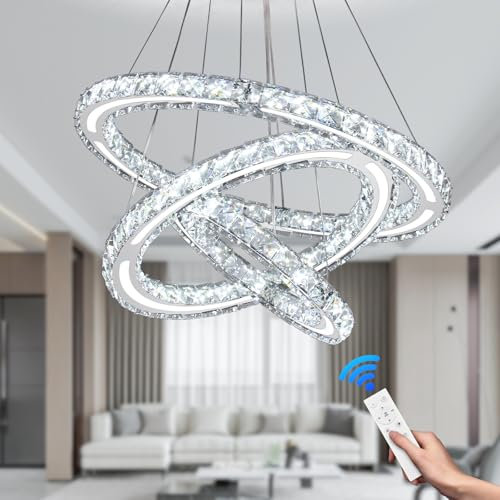 CXGLEAMING Modern LED Crystal Chandeliers Ceiling Light 3-Ring Light Ring with Adjustable Height Dimmable for Living Room Bedrooms Kitchen (Lighting Adjustment，209 Square Crystals)