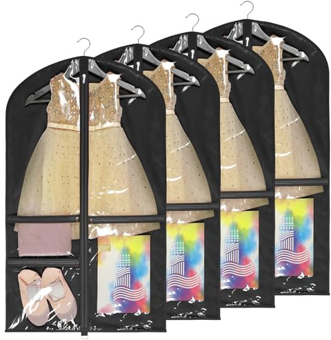 Univivi Dance Costume Bags Garment Bag 40 Inch Hanging Clothes for Dance Competitions, with 3 Medium Clear Zipper Pockets for Dance Costumes, Closet Storage (Black) - 4 Pack