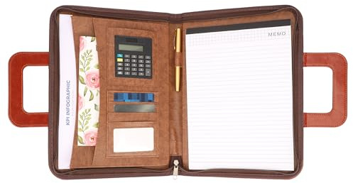 Kurtzy Brown PU Leather Business Portfolio Folder - A4 Zipper Conference Padfolio with Notebook & Calculator - Travel Organiser for Documents/Writing