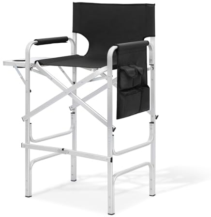 MoNiBloom 44.5'' Tall Makeup Artist Director Chair, Foldable Portable Aluminum Frame Folding Chair with Side Table, Cup Holder and Storage Pockets, 250 lbs Capacity, Black