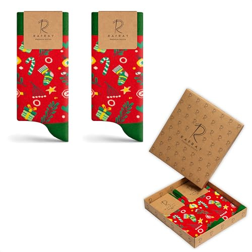 RAFRAY Julstrumpor – Mönstrade Julsockor i Presentbox – Varma Vinterstrumpor i Premiumbomull – 2 Par – Storlek 36–40