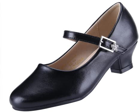 EIGHT KM Girls Mary Jane High Heel Party Dress Wedding Pumps Princess Shoes EKM7015 Athena Microfiber Black Leather UK Big Kid Size 4