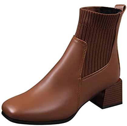Bottines à talon épais pour femme - Bout carré - Chaussettes à enfiler - Élastique - Bottines Chelsea à enfiler - Talon bloc - Bout carré