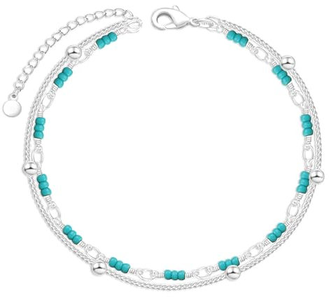 VIVILE Fußkettchen für Damen Sterling Silber 925,Silver Fussketten für Frauen Türkis,Surfen Fußkette Perlen,Fusskettchen Wasserfest,Armband Türkis,Handmade Boho Kleidung Schmuck Style Festival Outfit