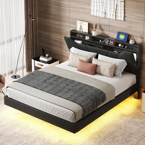 KeepGoon Letto imbottito 160 x 200 cm, comodino con illuminazione a LED, presa USB, barra di pressione dell'aria, letto matrimoniale con cassetta, letto sospeso, materiale PU, testiera con vano