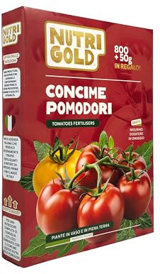 NutriGold® concime Pomodori | Fertilizzante per Tutte le Varietà di Pomodoro - Ricco di Azoto, Fosforo e Potassio 100% Naturale - Nutrienti di 1^ Scelta a Km 0 - Formato Solido da 800g + 50g Omaggio