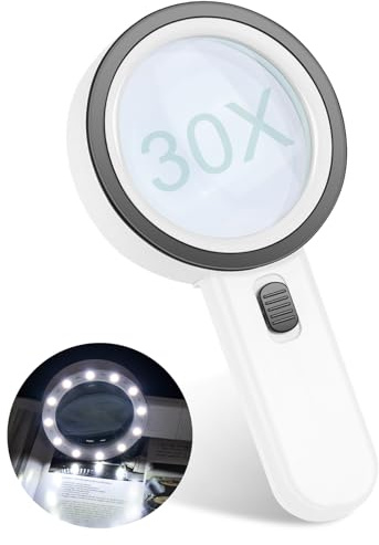 Lupa con Luz de Mano, 30X Gran Aumento con 12 Luces LED - para Lectura, Soldadura, Inspección, Monedas, Joyería, Manualidades, Personas Mayores y Niños