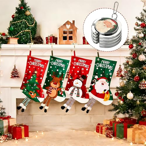 Shaeotek Christmas Stockings with Holder 8 Packs, 4 Xmas Stockings with 4 Pcs Socks Holders, Santa, Snowman, Fireplace Hanging Stockings boots for Christmas Party Decoration