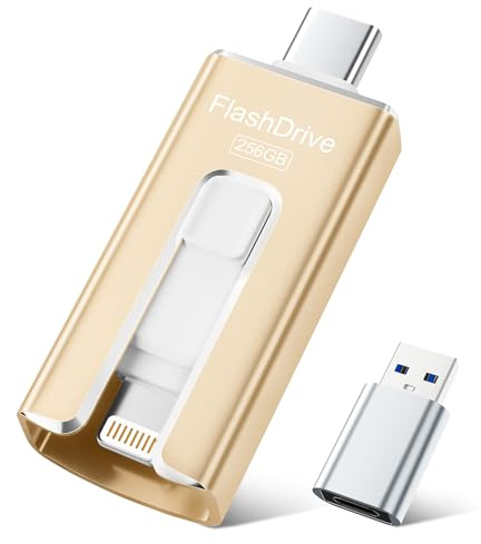SUDEHO USB Stick 256GB for iPhone, MFi Certified USB-C & Lightning Memory Stick, 3-in-1 USB 3.0 Flash Drive for iPhone/iPad/Android/PC, High-Speed Photo & Video Backup, Easy File Storage, Gold