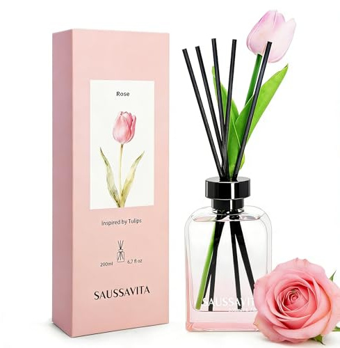 Reed Diffuser Set Rose Scent with 10 Sticks & Tulip Flowers Decor, 200ml Flower Diffusers Narrow Spaces for 120 Days, Home Fragrance Air Freshener Long Lasting for Bathroom Office
