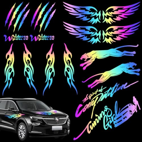 EJRUP 12 Pièces Autocollants Laser Colorés, Sticker Voiture Tuning à Flammes, Autocollants Cool pour Casque de Moto, Adaptés à Moto, Skateboard, Scooter pour Voiture Cache Rayure