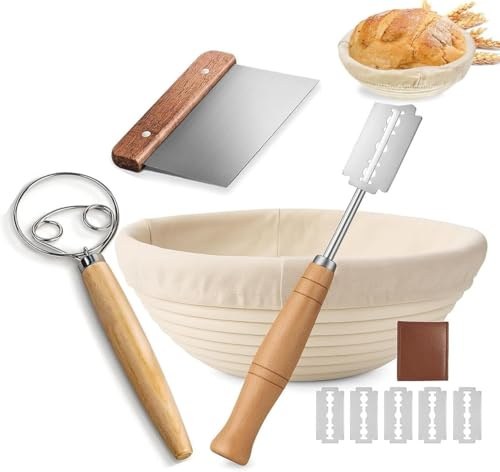 Jäskorg bröd-set, 23 cm jäskorgar för brödbakning, surdeg startset, inklusive degskrapa och oljepensel, brödbaksats bröd, jäskorg för nybörjare (23 cm, rund)