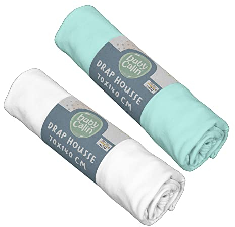 BabyCalin - 2er Set Spannbettlaken Weiß/Türkis 70x140x17cm