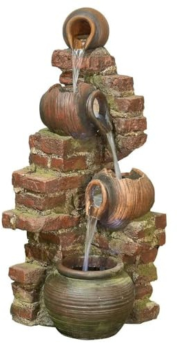 Easy Fountain Flowing Jugs Water Feature – Mains Powered, No Plumbing, Outdoor Garden Fountain with Recirculating Pump and LED Lights, Polyresin, Patio & Garden