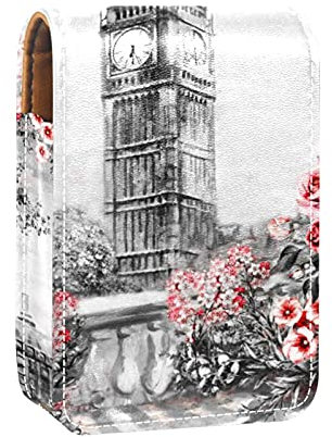 Lipstick Case with Mirror Vintage Eiffel Tower Big Ben Rose Flowers Lip Gloss Holder Portable Lipstick Storage Box Travel Makeup Bag Mini Leather Cosmetic Pouch Holds 3 Lipstick