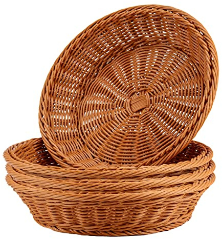JAPCHET 4 Pack 11.8 Inch Round Wicker Bread Basket, Imitation Woven Rattan Fruit Basket Tabletop Food Vegetables Serving Basket for Home, Kitchen, Restaurant, Outdoor