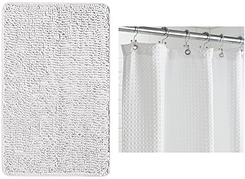 Gorilla Grip Chenille Bath and Waffle Shower Curtain, Bathroom Size 60x24, Machine Washable, Waffle Shower Curtain Size 72x72, Thick Weighted Fabric, Both in White, 2 Item Bundle