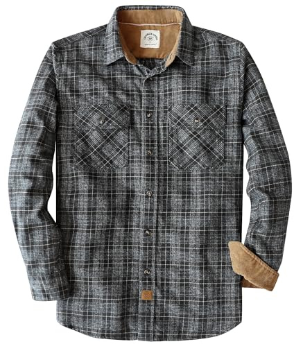 Dubinik® 6 oz Camisa Franela Hombre Manga Larga 100% Algodón Casual Botones Camisa a Cuadros con Bolsillo Negro Gris XL