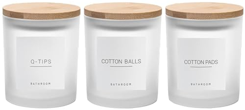 Ezebesta 3PCS Modern 13.53oz Transparent Bathroom Canisters with 12 Labels & Wooden Lid Thick Glass Jar Set Qtip Holder for Cotton Ball & Pads Storage Organization Minimalist Decor