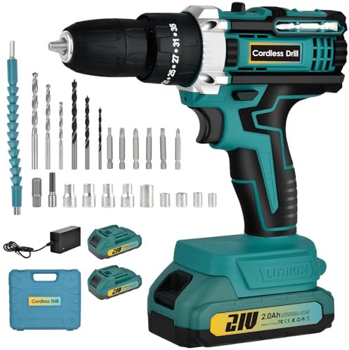 Cordless Drill Driver 21V: Powerful Cordless Drill Set with 2 Batteries 2.0Ah, 25+3 Torque, 24PCS Drill Bits, 2 Speed, LED Light for DIY Project - 45N.m Max Electric Screwdriver Drill Kit