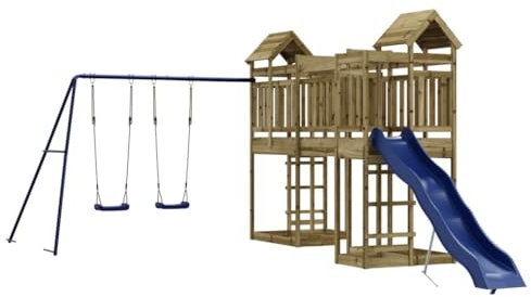 vidaXL Outdoor Playset - Impregnated Wood Pine - Sturdy and Weather-Resistant - Encourages Imaginative and Active Play - Easy Assembly – Safety Railings and Roof – Wave Slide, Double Swing and San...