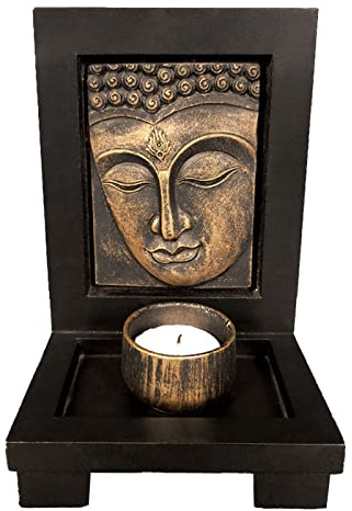 Candelabros para Velas de Té con Cabeza de Buda, Candelabro de Piedra Zen para Meditación con Base de Estante de Madera para Adorno de Decoración para Clubes de Yoga(Bronce)