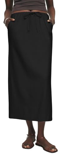 IDEALSANXUN Linen Skirts for Women 2026 Spring Summer Casual Drawstring Lightweight Elastic Waist Midi Long Skirts with Slit, Black, M