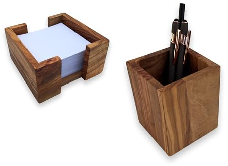 Zettelbox Notitzpapier Halter für 9x9cm Zettel, Stifthalter Becher, squaremood eckig handgefertigt aus Olivenholz, Geschenkidee.