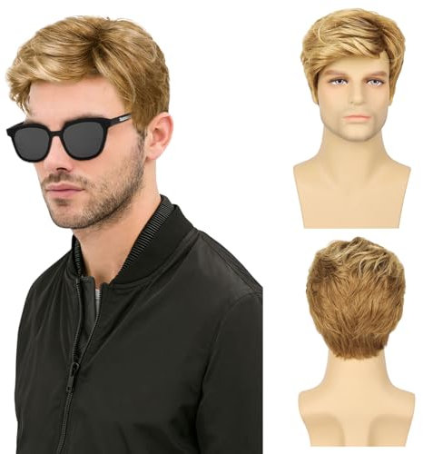 TSHAOUN Parrucca Biondo da Uomo Corta Parrucca da Uomo Sintetica Maschile Sintetica a Onde Naturali a Strati Corti, Adulto Corta Laterale per anni '70 '80 Cosplay Halloween Festa (Biondo)