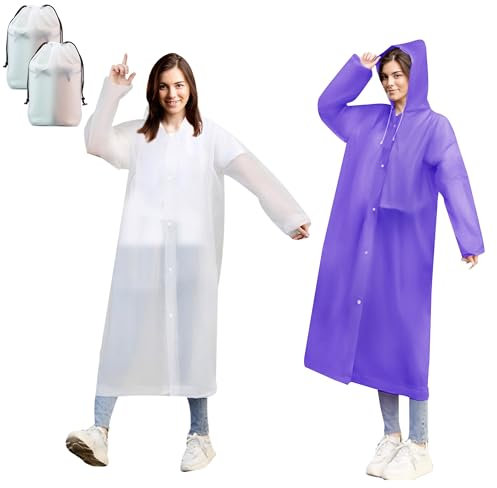 Domueay Poncho Imperméable 2 Pièces Réutilisable EVA Cape de Pluie avec Capuche Femme Adulte Leger Vetement Respirant pour Festival Camping Randonnée, Blanc et Violet