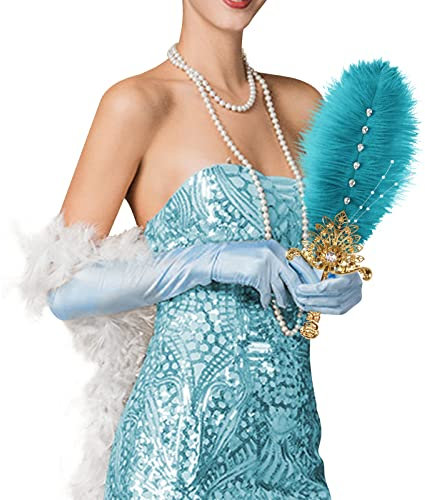 CROWN GUIDE Blue Ostrich Feather Fan Wedding Bridal Bouquets for Bride Metal Hand Held Fan Great Gatsby 1920s Flapper Accessories for Women Bridgerton Tea Party Decorations