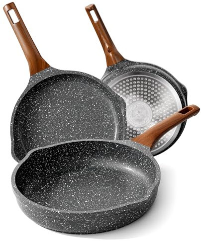 RIOVARM Inducción Juego de sartenes Antiadherente Batería de cocina 20 cm 24 cm 28 cm Granito Sartén para tortillas sin PFOA Mármol Sartenes con mango resistente al calor para varias estufas