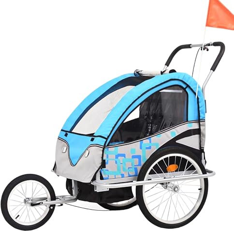 Jog/Ride Barncykelvagn, Cykelsläp för Barn, Dragkrok I Rostfritt Stål, 5-punktsskydd, Stort Lastutrymme(Blue 2)