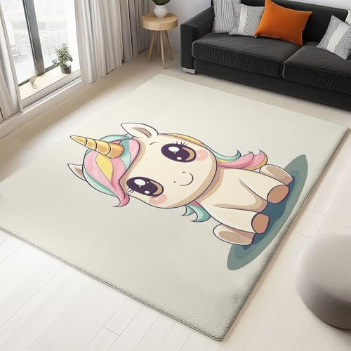 Teppich Waschbarer Wohnzimmer 160 x 230 cm, Kurzflor Superfeiner Kaschmir Weiche rutschfest Teppiche für Kinderzimmer, Bettvorleger Schlafzimmer, Esszimmer Flur, Tiere Cartoon Einhorn Creme