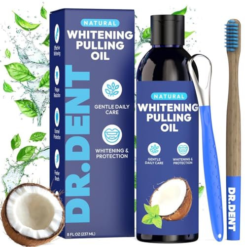 DR.DENT Kokosöl Pulling Mouthwash – Natürliche Zahnaufhellung & frischer Atem – Alkoholfrei – Fluoridfrei, 237 ml – Zahnbürste und Zungenschaber im Lieferumfang enthalten – Kaugummi