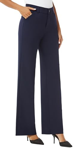 iChosy Womens High Waist Wide Straight Leg Trousers Casual Slacks Dress Pants with Pockets Navy 14 Regular