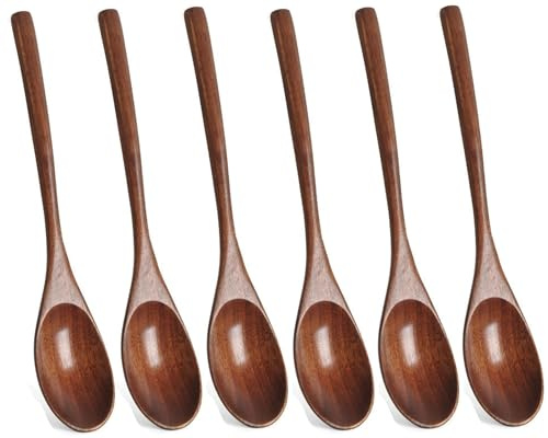 Kucensi Holzlöffel Esslöffel,6 Stück im japanischen Stil Küchengerät langen Griff Nanmu Holz Suppenlöffel Set Kochlöffel zum Essen Mischen Rühren Kochen