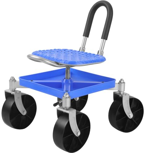 Makamsui Sedia da giardinaggio con rotelle, carrello da giardino regolabile in altezza, girevole a 360 gradi, sgabello da giardinaggio con vassoio per attrezzi, sedile da lavoro portatile per