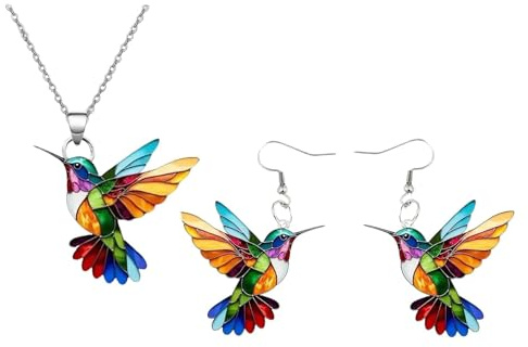 Collier et Boucles d'Oreilles Colibri en Acrylique, Parure Femme avec Pendentif Oiseau Coloré et Boucles d'Oreilles Colibri Colorées, Bijoux Colibri Élégants, pour Cadeaux et Usage Quotidien