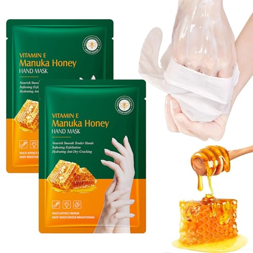 2 Pairs Hand Mask Gloves for Dry Hands - Nourishing Care with Honey and Collagen - Moisturising Gloves with Vitamins - Touchscreen Compatible - Hydrating Softening (2 PCS)