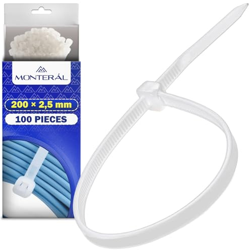 100 stycken vita plastband 200 x 2,5 mm - vita buntband är tillverkade av nylon PA66 med UV-stabilisator - plastklämmor tål temperaturer mellan -10 °C och 85 °C - MONTERAL