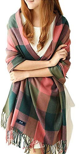 LADES Damen Schal - Kariert übergroßer Winter Schal Herbstschal Quadratisch Deckenschal Frauen Karo Tartan Streifen Plaid Muster XXL Schal Fransen Poncho