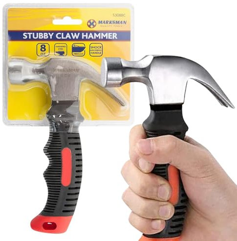 8oz Stubby Claw Hammer - Heavy Duty Construction Soft Grip Safe Handle Tool | Cushion Grip, Claw Hammer, Perfect for Pulling Nails, Silver, Black