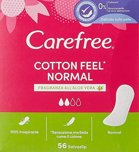 Carefree Salvaslip Cotton Feel Normal Fragranza all'Aloe Vera, Salva slip donna 100% da portare sempre con sé, Morbidi proteggi slip che si adattano ai movimenti del corpo, 56 salvaslip