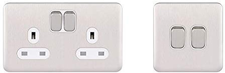 Schneider Electric GGBL3020WSSS Lisse Screwless Deco 2G 13A Sw and 10AX 2G 2W Socket WSS, 240 V, Stainless Steel, White Insert