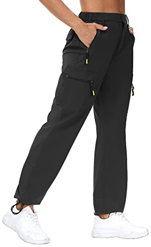 VVK Women's Quick Dry Hiking Lightweight Joggers Pants Water Resistant Athletic Lounge Track Pants with Zipper Pockets Black Small