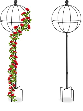 Relaxdays Supporti ad Obelisco per Rampicanti con Sfera, Set da 2, Alti 126 cm, Graticolati per Piante e Rose, Nero, Ferro
